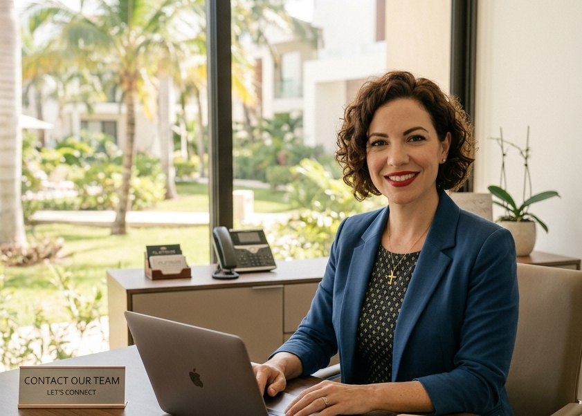 A welcoming portrait of a woman, a certified mediator with curly brown hair and a blue blazer, smiling at her desk in a Playa del Carmen office with a laptop and a 'Contact Our Team' sign visible.