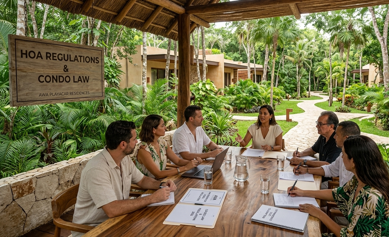 An elevated view of an open-air board meeting under a palapa at AWA Playacar Residences, with a large wooden sign in the foreground reading 'HOA REGULATIONS & CONDO LAW' and a scenic jungle development with a stone path in the background.
