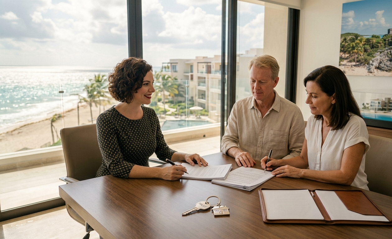 Female real estate lawyer with a brown bob haircut guiding a foreign couple through a secure property buying and fideicomiso trust setup in an oceanfront office in Playa del Carmen.